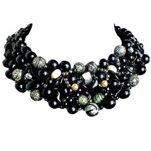 Venetian Murano Glass Silver Fleck Black Beaded Statement Necklace